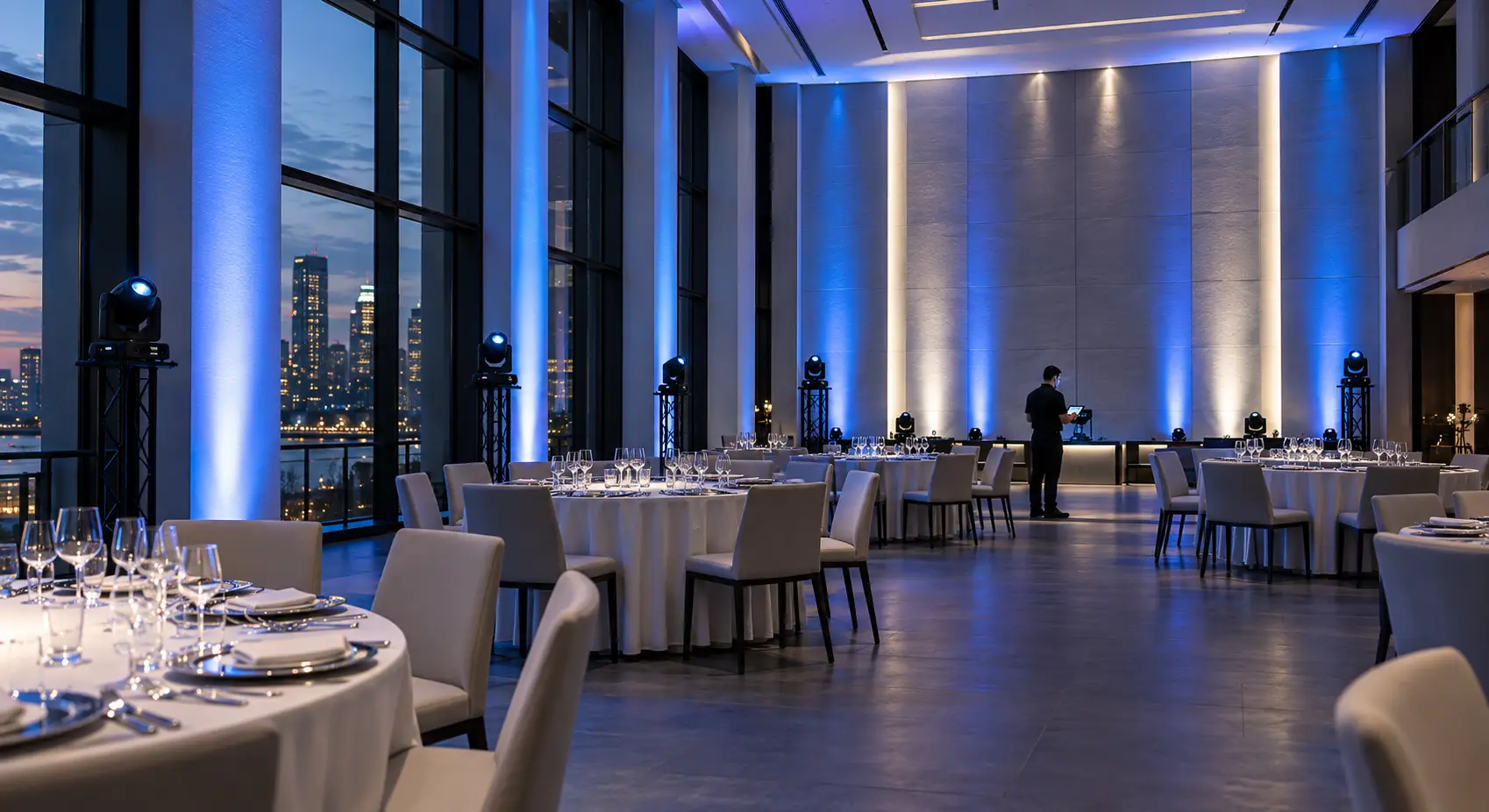 Venue walls washed in blue uplighting for an evening event