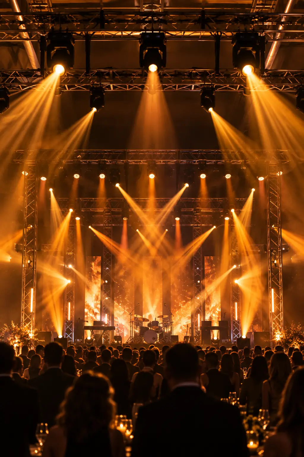 Warm stage lighting beams cutting through haze above a packed event