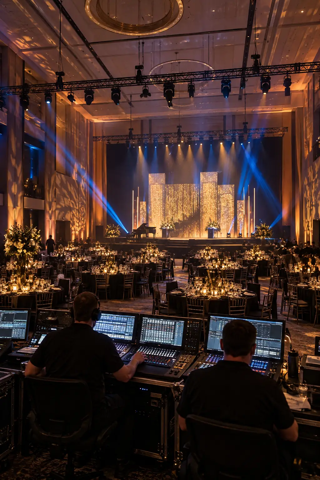 Technician rigging event lighting fixtures before a show