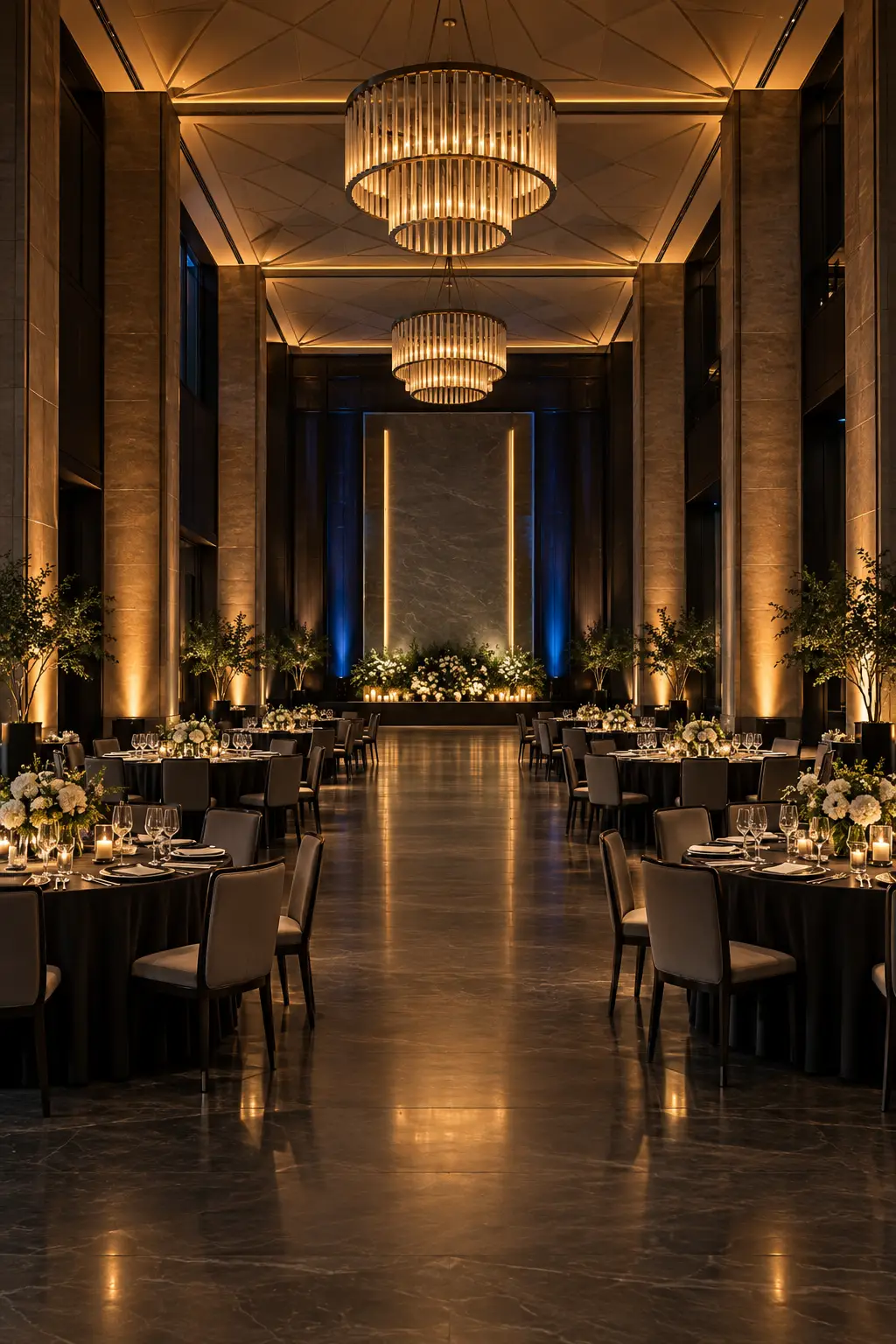 Event venue being set with production lighting