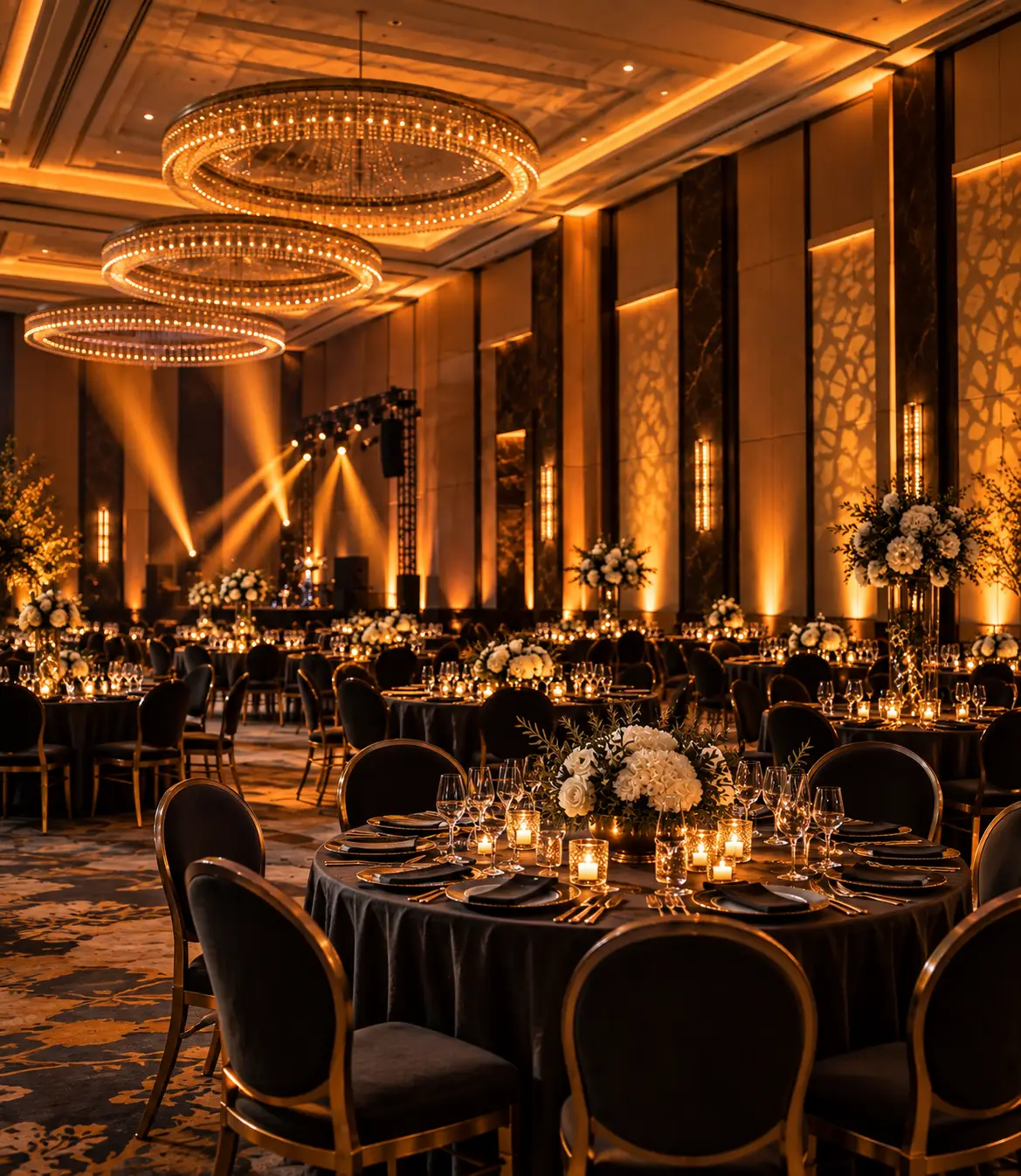 Warm event lighting at a beautifully styled venue